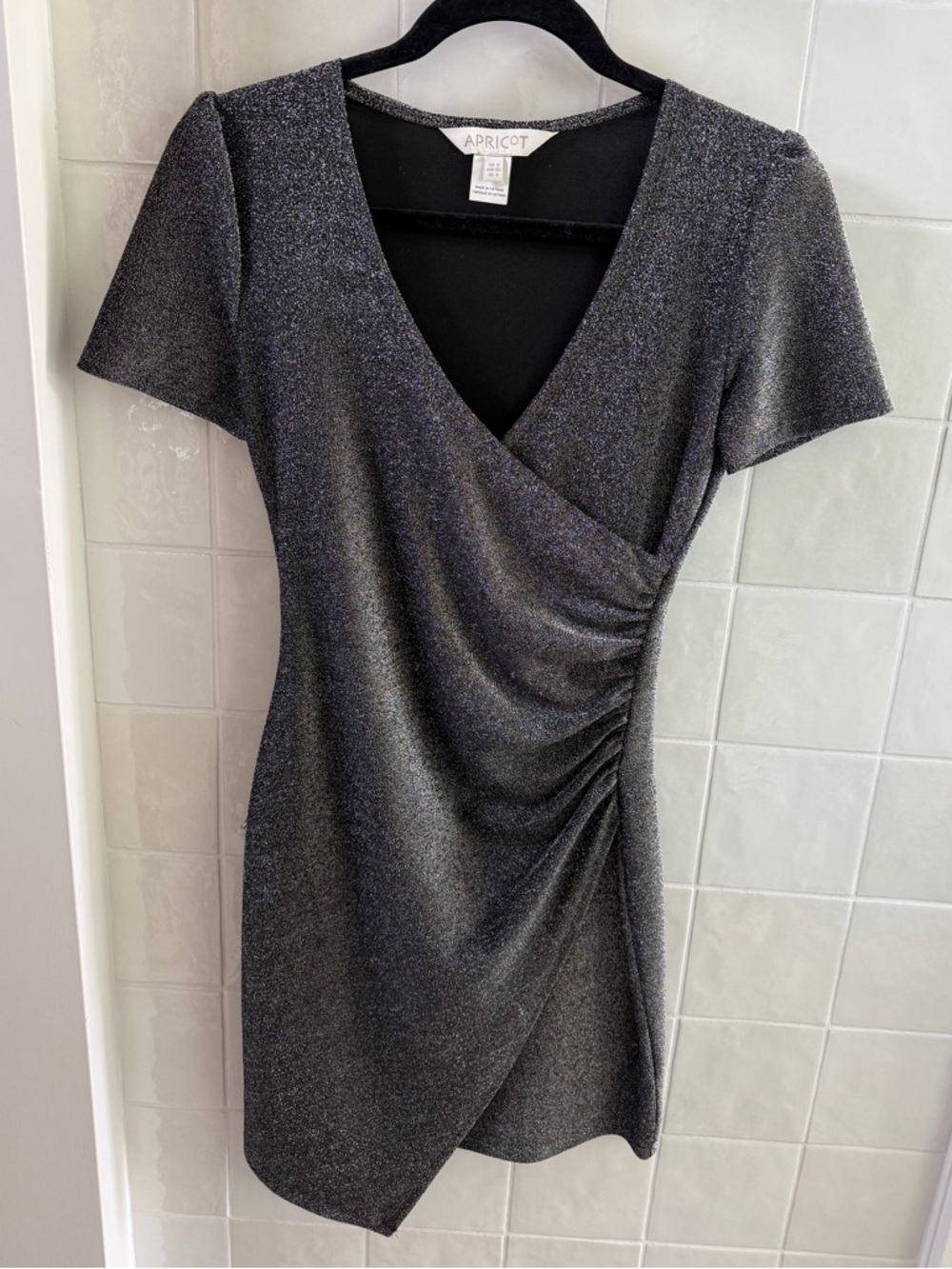 APRICOT Silver Metallic Wrap-Front Ruched Mini Dress